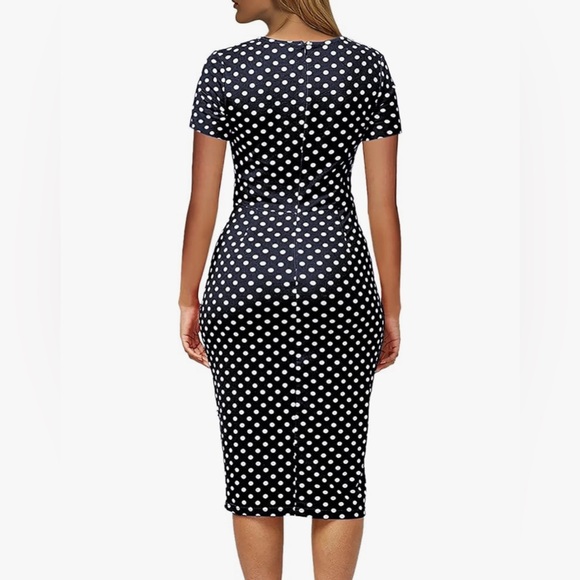 Classic Short Sleeve Navy Blue Polka Dot Falbala Fold Slim Fit Pencil Dress Lg - Picture 2 of 7